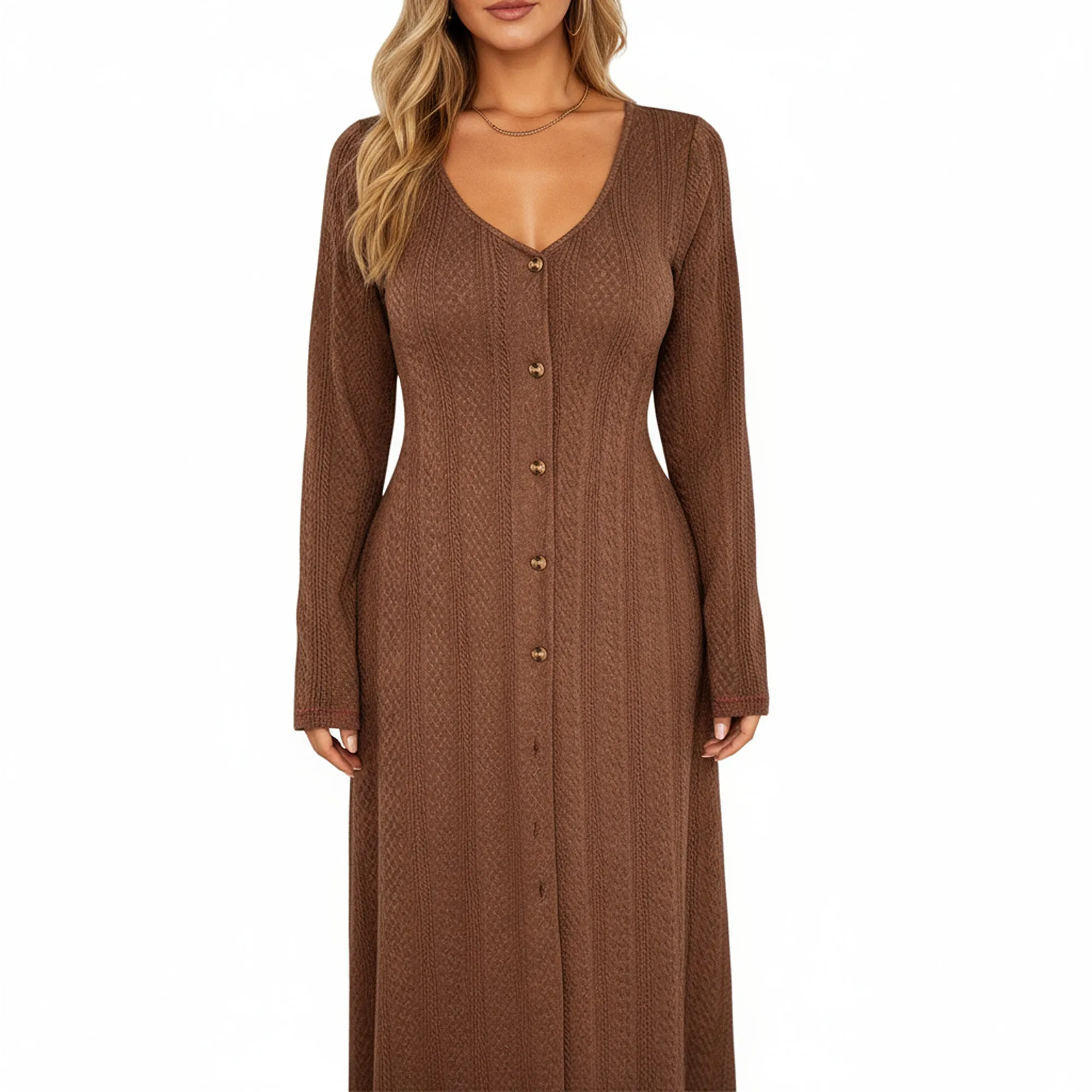 Anna-Kaci Women's Long Sleeve Button Front Maxi Dress with Deep V-Neck and Side Slit sold by Anna-Kaci product image thumbnail 4