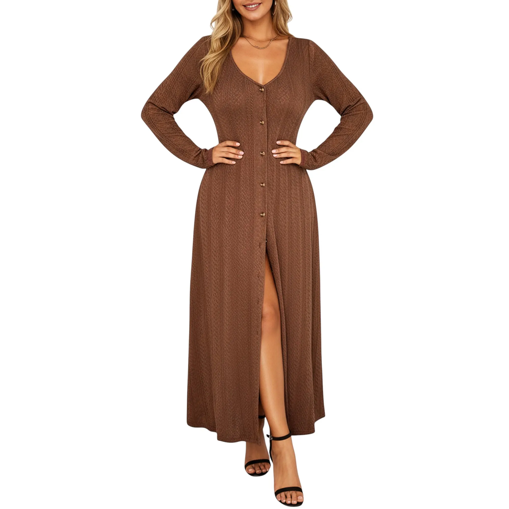 Anna-Kaci Women's Long Sleeve Button Front Maxi Dress with Deep V-Neck and Side Slit sold by Anna-Kaci
