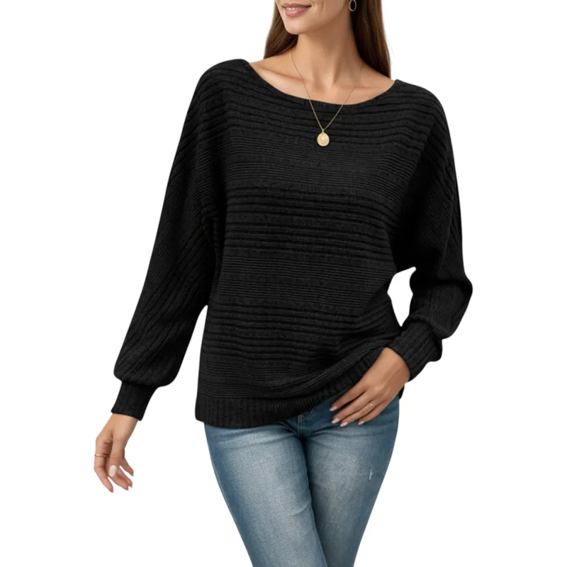 Anna-Kaci Women's Long Sleeve Striped Knit Sweater with Boat Neckline and Relaxed Fit sold by Anna-Kaci