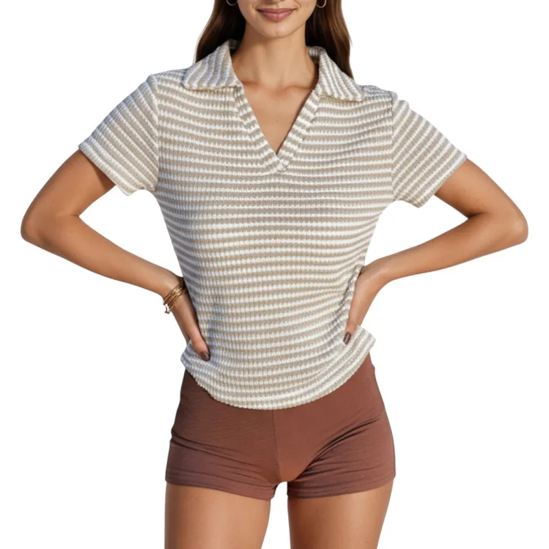 Anna-Kaci Women's Short Sleeve Collared Knit Top with Striped Pattern and V-Neckline sold by Anna-Kaci