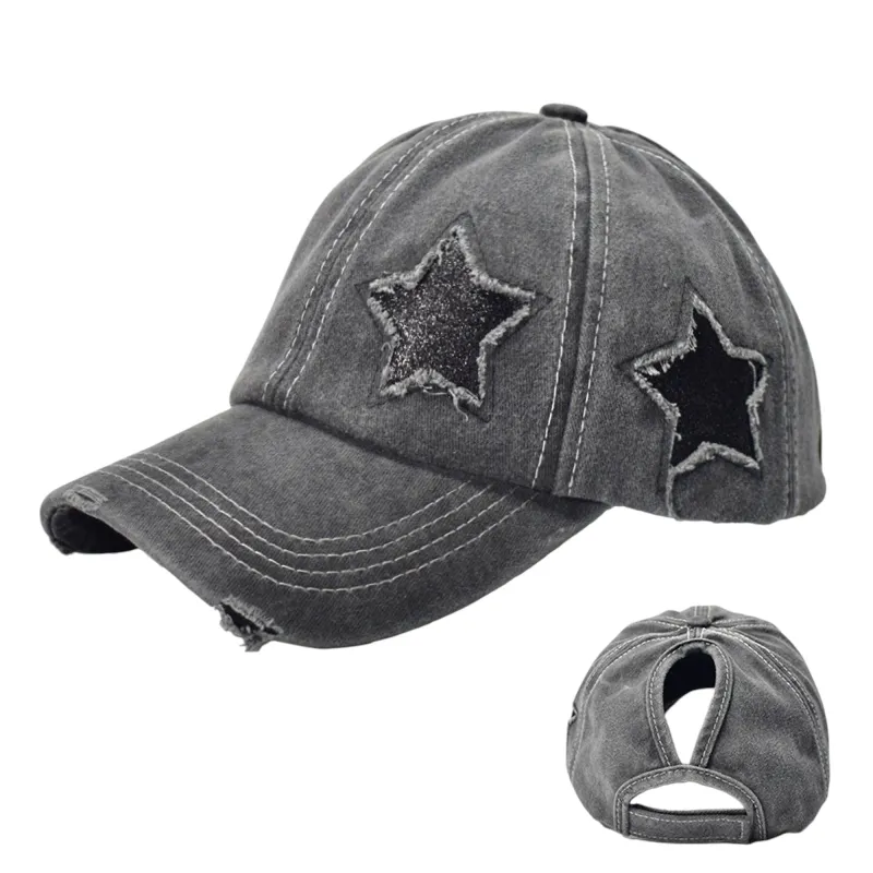 Anna-Kaci Women's Distressed Baseball Cap with Glitter Star Patches sold by Anna-Kaci