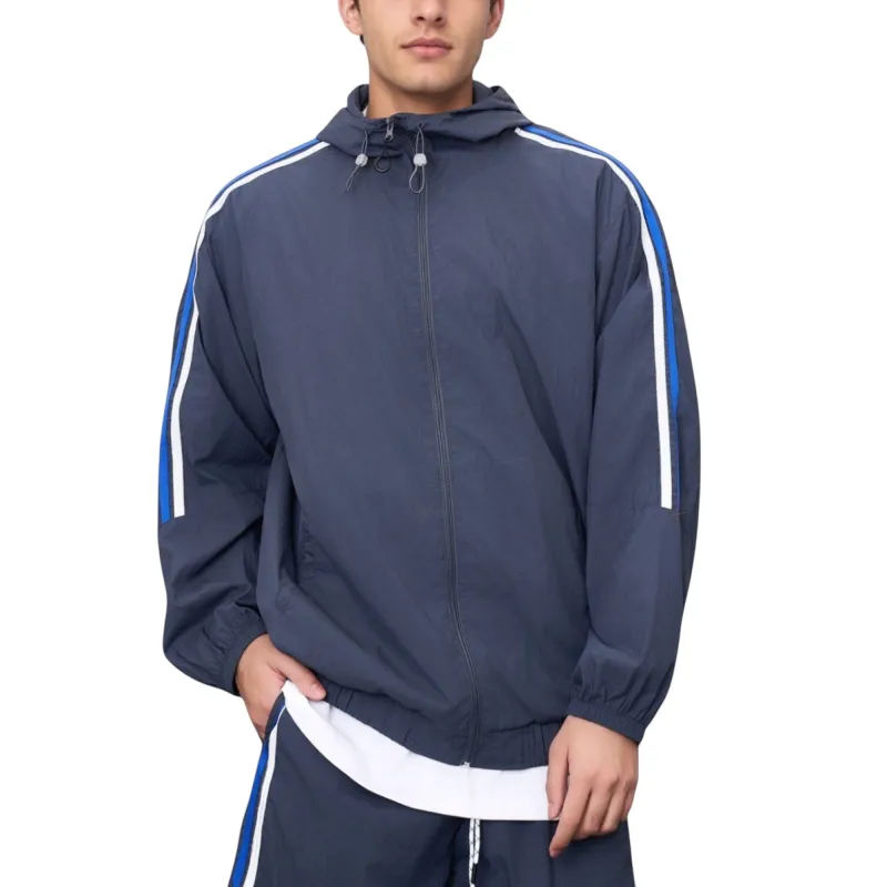 Anna-Kaci Active Men's Full Zip Hooded Jacket with Elastic Hem and Contrast Sleeve Stripes sold by Anna-Kaci