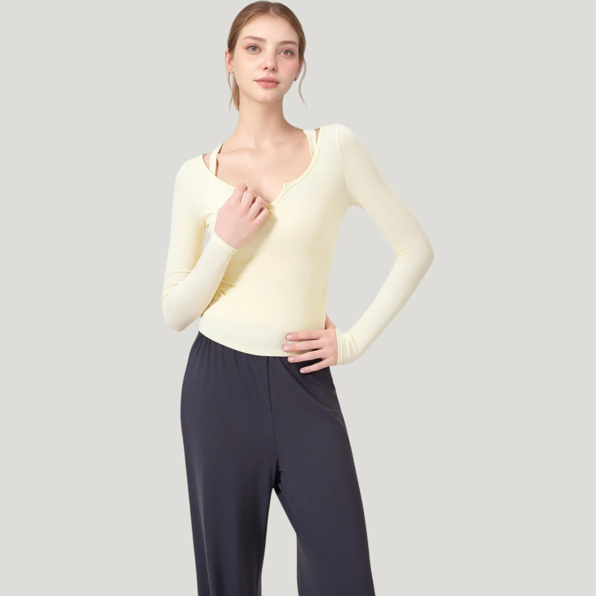 Anna-Kaci Active Women's Long Sleeve Henley Activewear Top with Scoop Neckline and Streamlined Fitted Silhouette sold by Anna-Kaci product image thumbnail 4