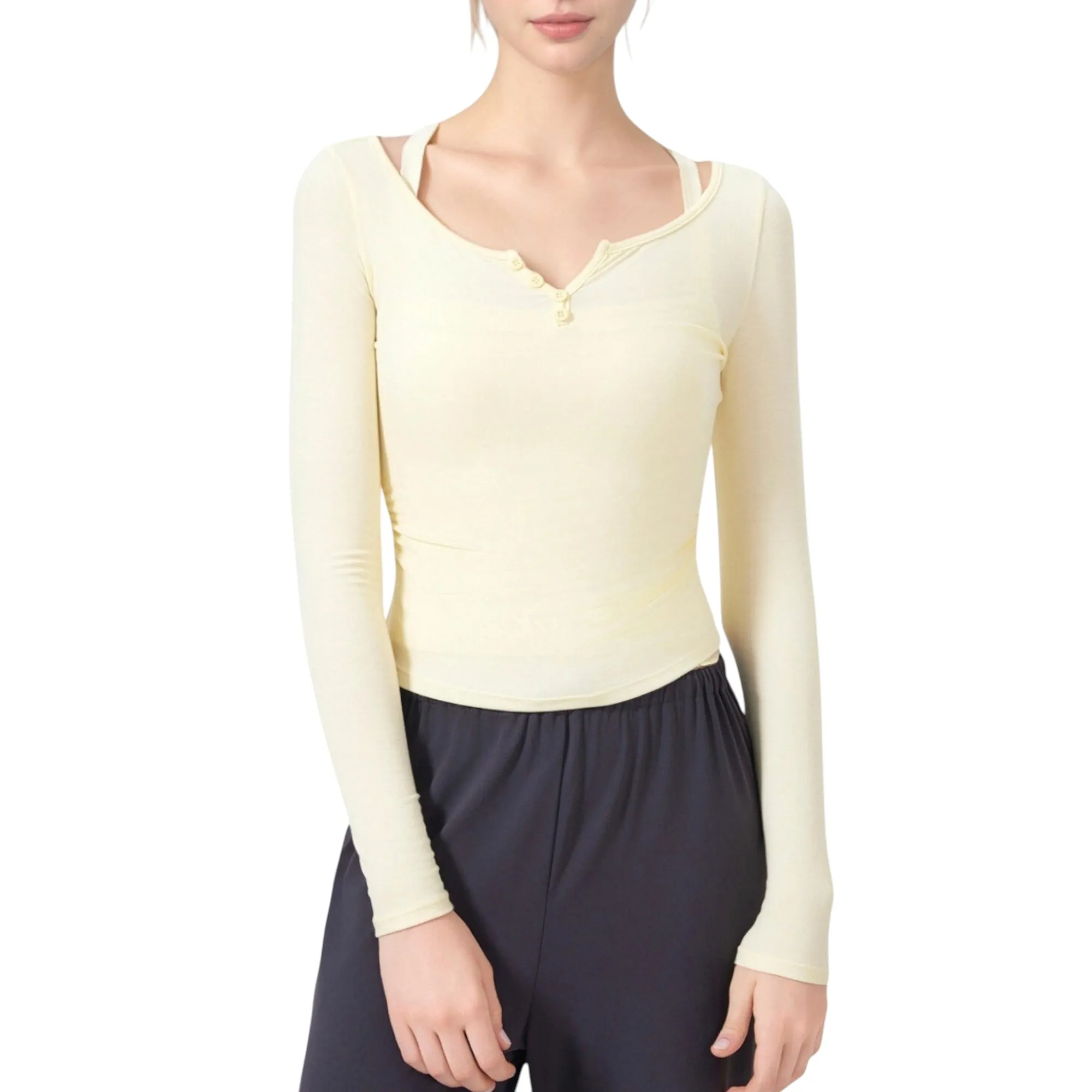 Anna-Kaci Active Women's Long Sleeve Henley Activewear Top with Scoop Neckline and Streamlined Fitted Silhouette sold by Anna-Kaci