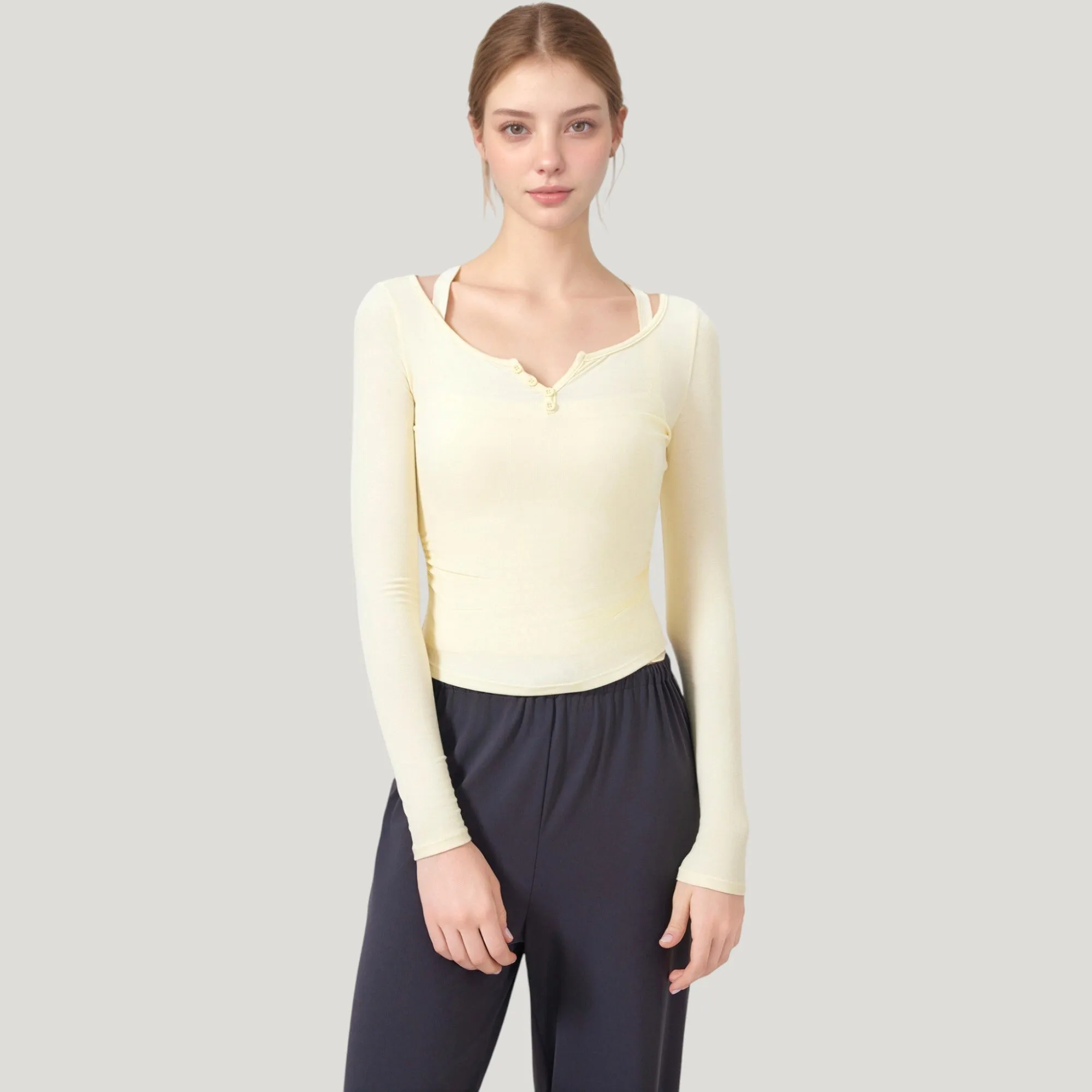 Anna-Kaci Active Women's Long Sleeve Henley Activewear Top with Scoop Neckline and Streamlined Fitted Silhouette sold by Anna-Kaci product image thumbnail 2