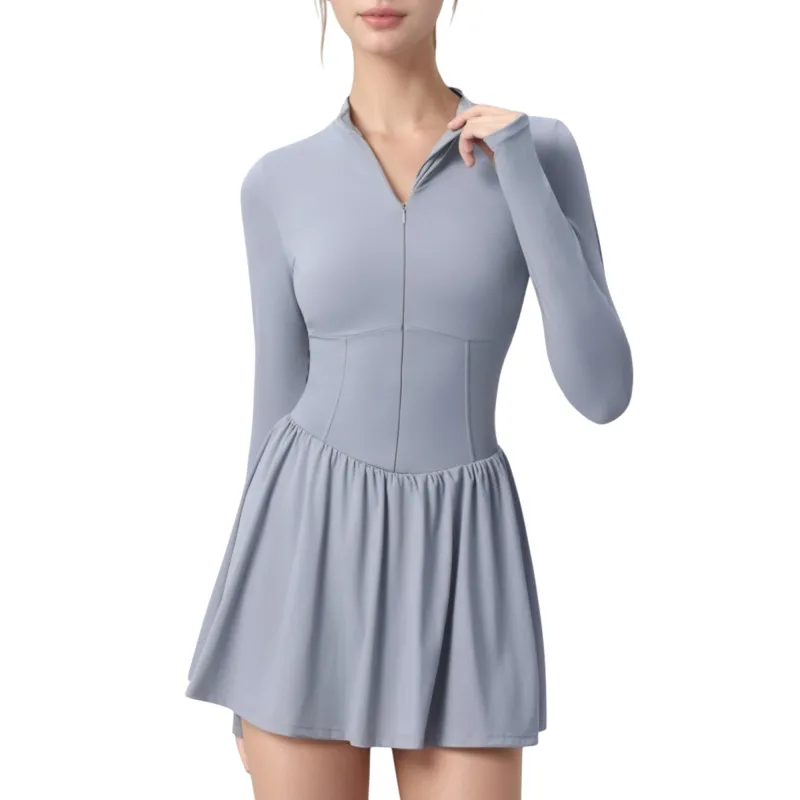 Anna-Kaci Active Women's Long Sleeve Athletic Dress with Front Zip and Flowy Skirt sold by Anna-Kaci