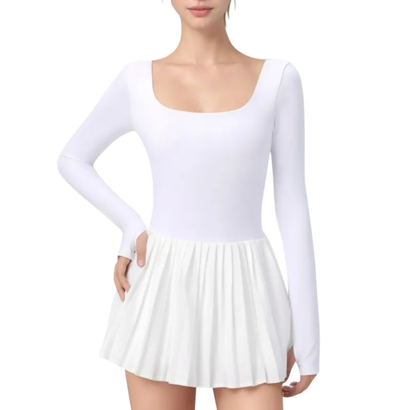 Anna-Kaci Active Women's Long Sleeve Pleated Skirt Active Dress with Scoop Neckline sold by Anna-Kaci