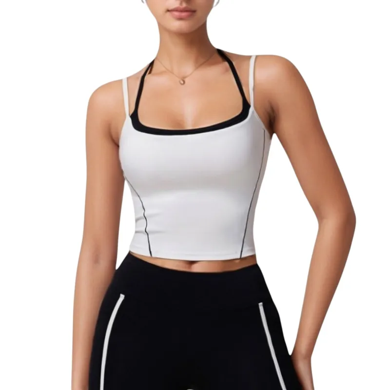Anna-Kaci Active Women's Double Strap Square Neck Activewear Crop Top with Contrast Trim and Streamlined Athletic Fit sold by Anna-Kaci