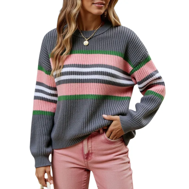 Anna-Kaci Women's Long Sleeve Striped Knit Sweater with Crew Neck and Relaxed Fit sold by Anna-Kaci