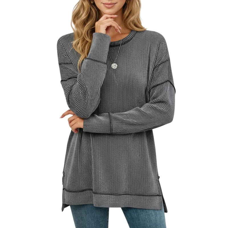 Anna-Kaci Women's Long Sleeve Ribbed Knit Pullover Top with Side Slit Detail sold by Anna-Kaci