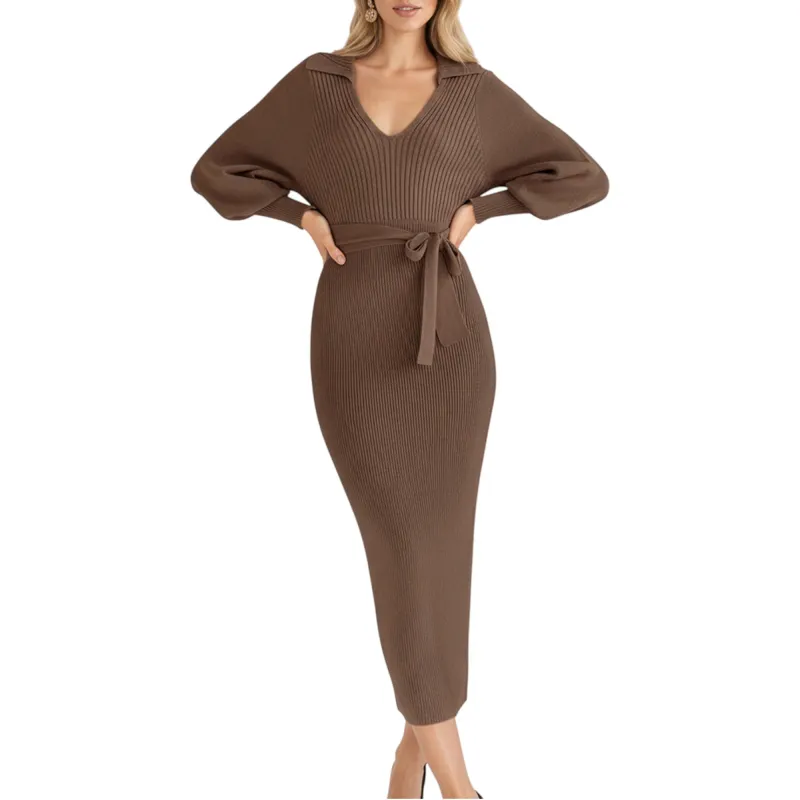 Anna-Kaci Women's Long Sleeve Ribbed Knit Midi Dress with V-Neck and Waist Tie sold by Anna-Kaci