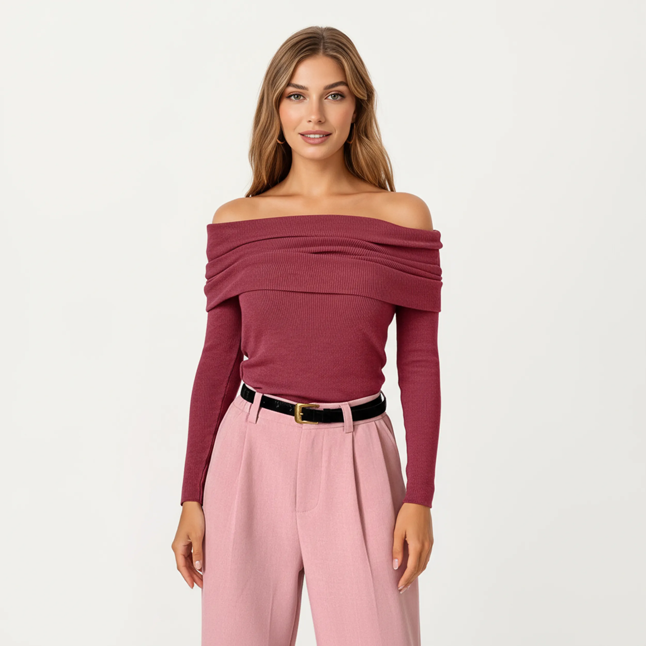 Anna-Kaci Women's Off-Shoulder Ribbed Knit Long Sleeve Top with Foldover Neckline sold by Anna-Kaci product image thumbnail 4