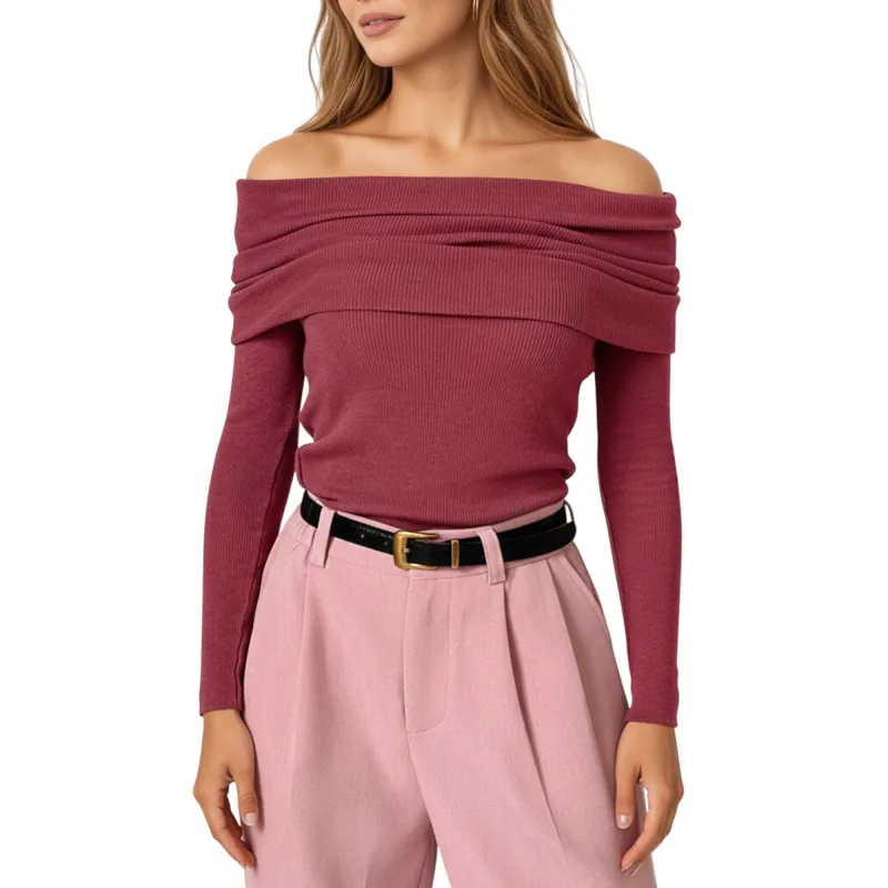 Anna-Kaci Women's Off-Shoulder Ribbed Knit Long Sleeve Top with Foldover Neckline sold by Anna-Kaci