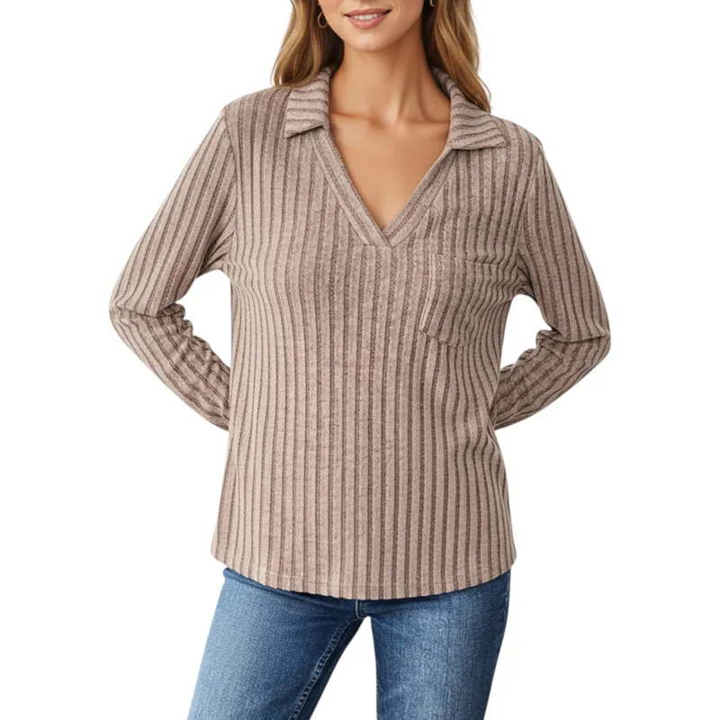Anna-Kaci Women's Long Sleeve Ribbed Knit Top with Collared V-Neck and Chest Pocket sold by Anna-Kaci