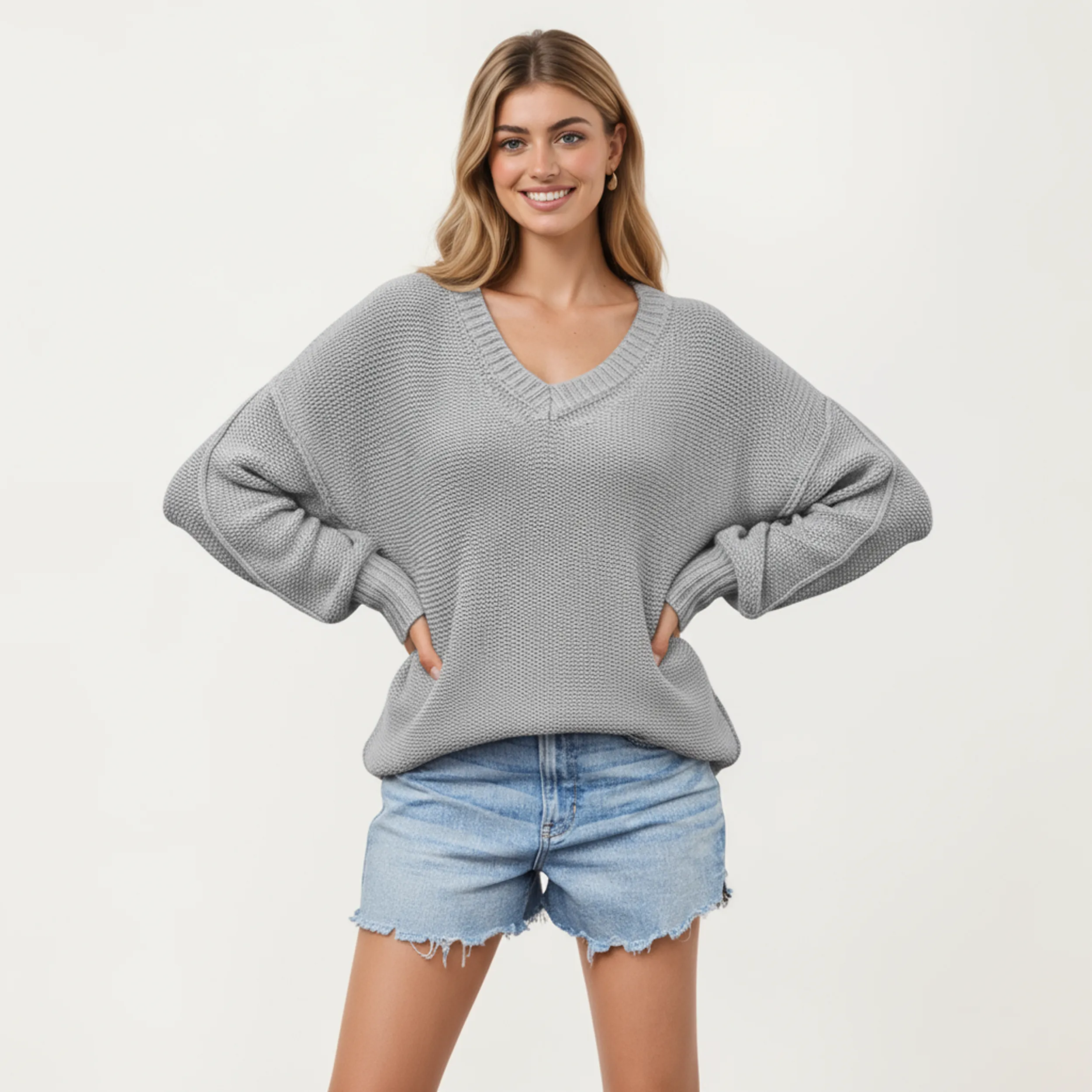 Anna-Kaci Women's V-Neck Relaxed Fit Knit Sweater with Long Sleeves sold by Anna-Kaci product image thumbnail 3