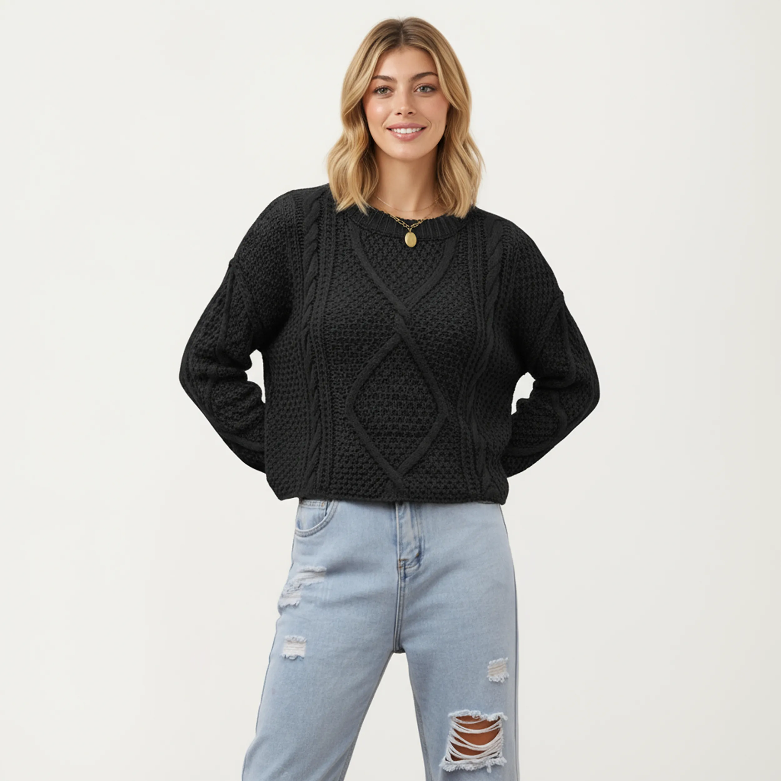 Anna-Kaci Women's Long Sleeve Cable Knit Pullover Sweater with Textured Pattern sold by Anna-Kaci product image thumbnail 3