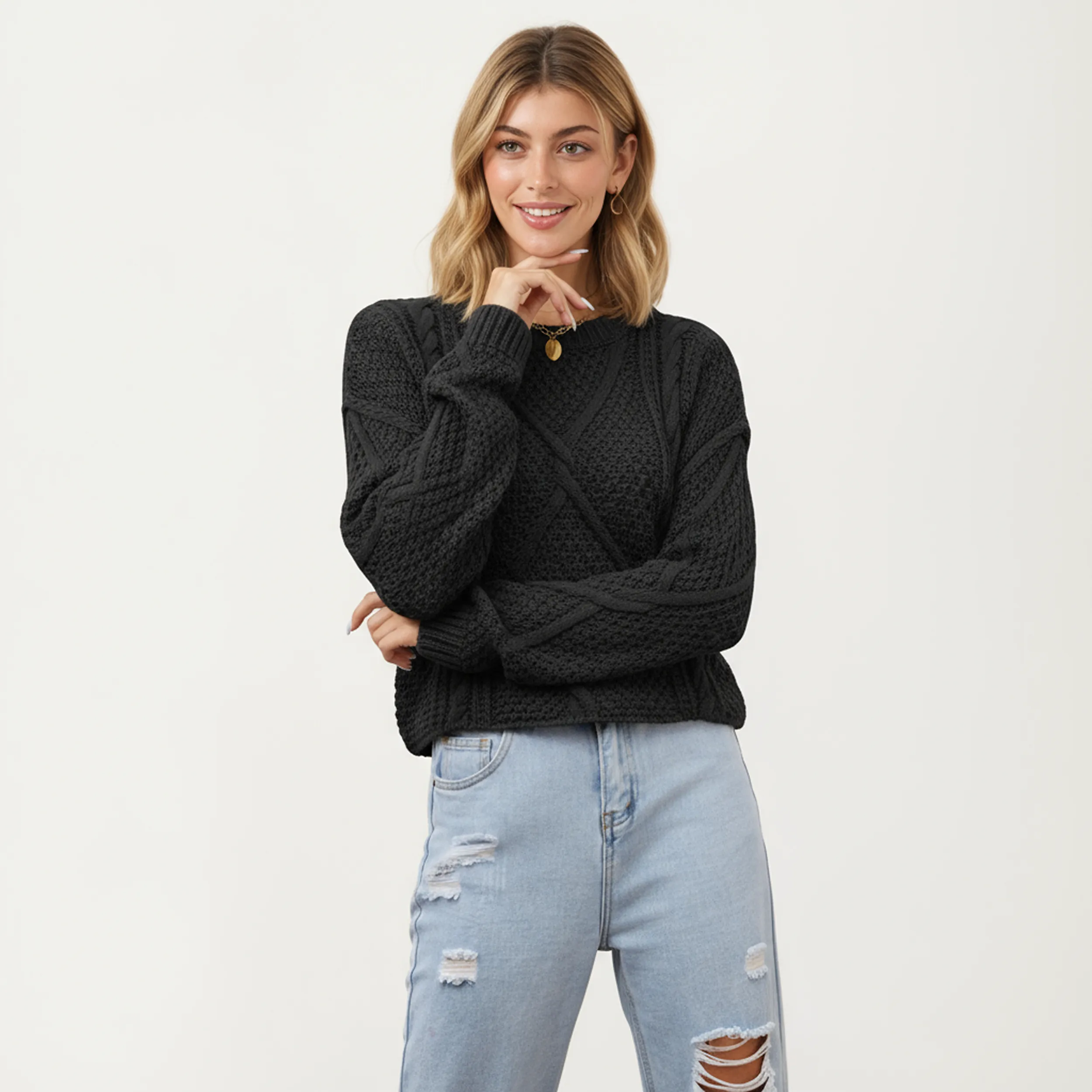 Anna-Kaci Women's Long Sleeve Cable Knit Pullover Sweater with Textured Pattern sold by Anna-Kaci product image thumbnail 5