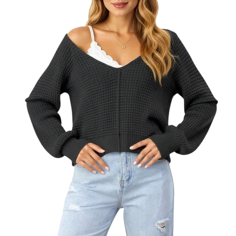 Anna-Kaci Women's Long Sleeve Waffle Knit Pullover Sweater with Relaxed Fit sold by Anna-Kaci