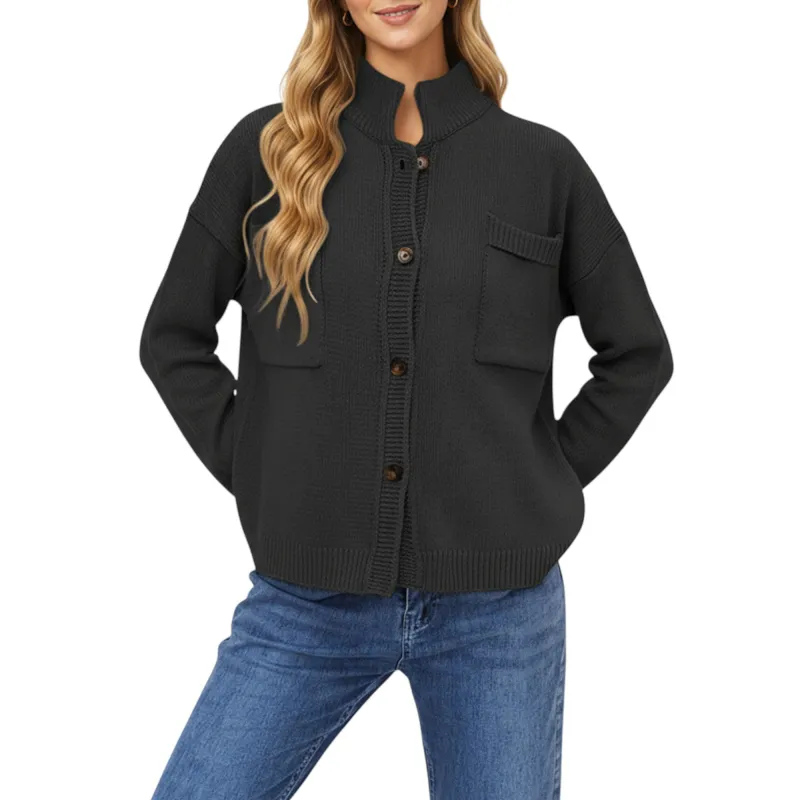 Anna-Kaci Women's Button Front Long Sleeve Knit Cardigan with Stand Collar and Front Pocket sold by Anna-Kaci