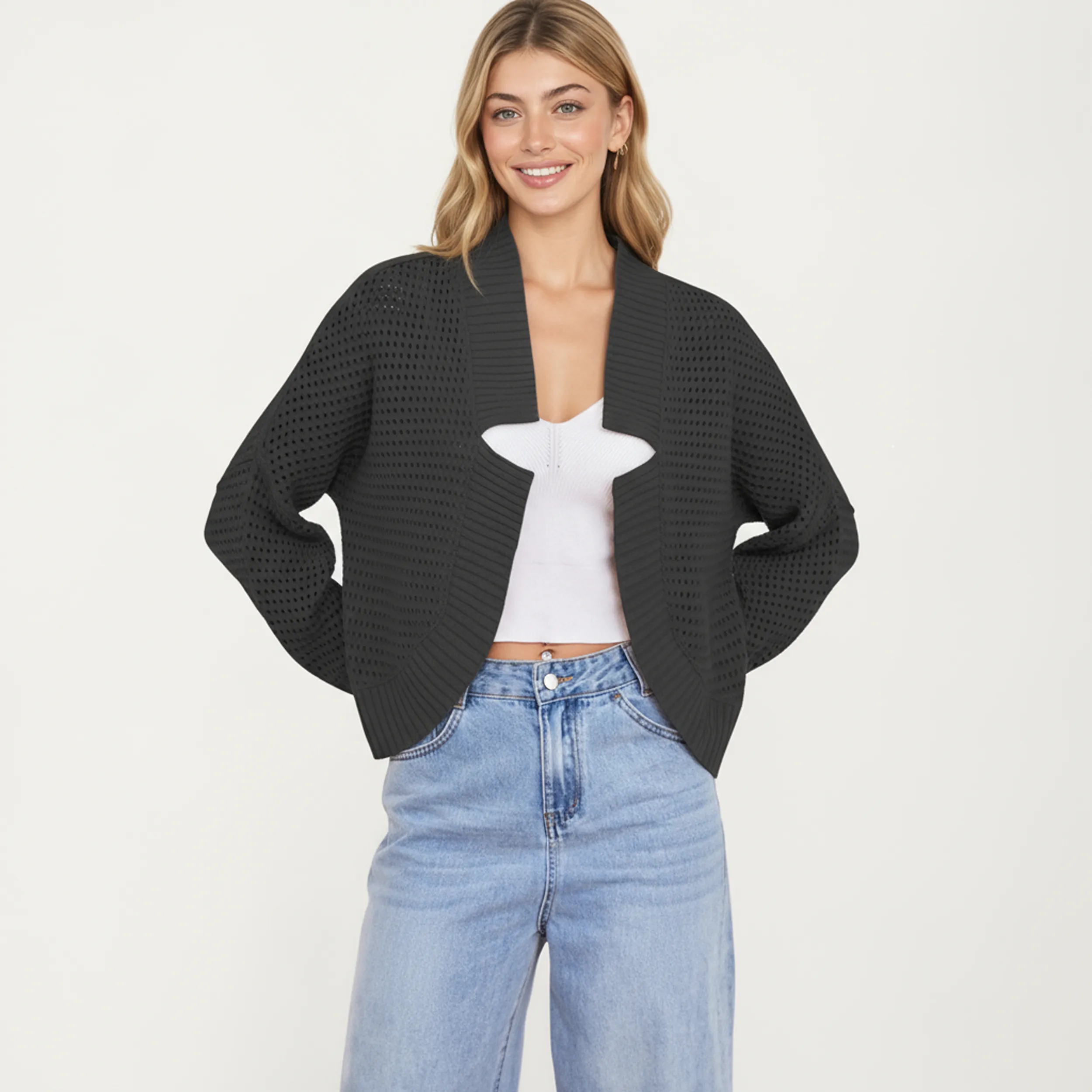 Anna-Kaci Women's Open Front Long Sleeve Knit Cardigan with Textured Hollow-Out Design sold by Anna-Kaci product image thumbnail 4