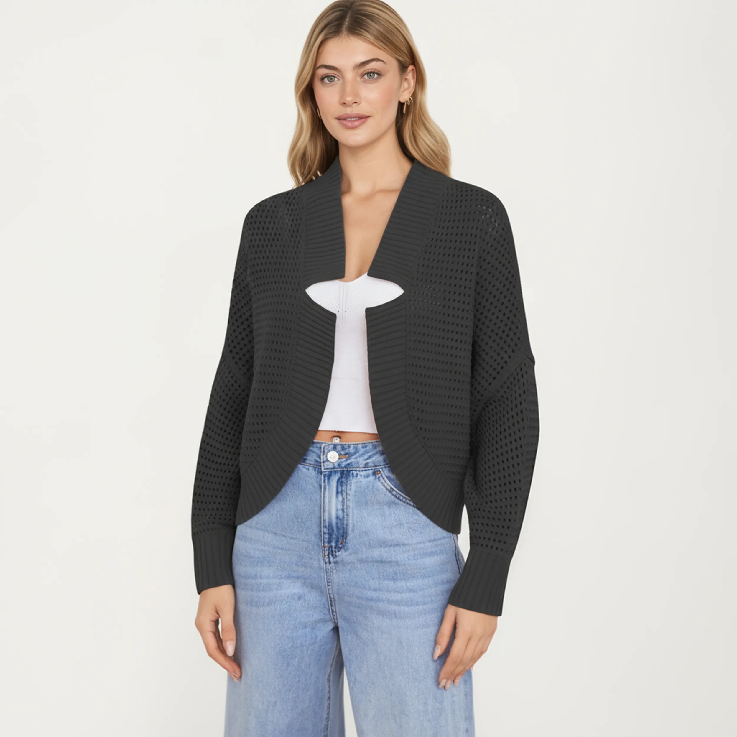 Anna-Kaci Women's Open Front Long Sleeve Knit Cardigan with Textured Hollow-Out Design sold by Anna-Kaci product image thumbnail 3