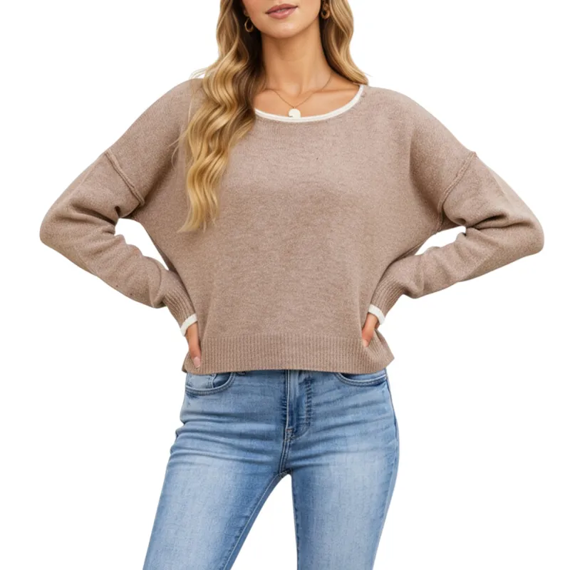 Anna-Kaci Women's Long Sleeve Crew Neck Knit Pullover Sweater with Contrast Trim sold by Anna-Kaci