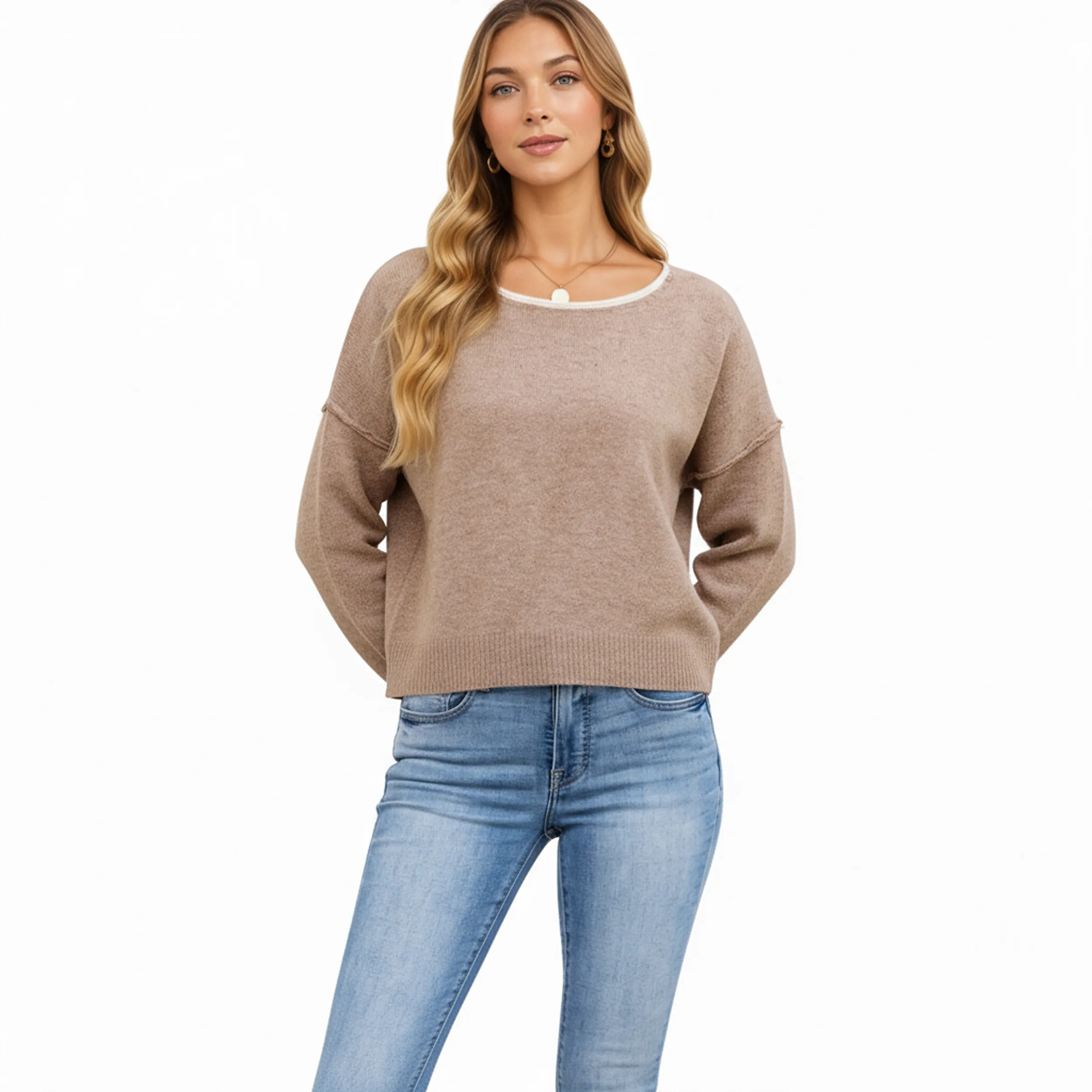 Anna-Kaci Women's Long Sleeve Crew Neck Knit Pullover Sweater with Contrast Trim sold by Anna-Kaci product image thumbnail 2