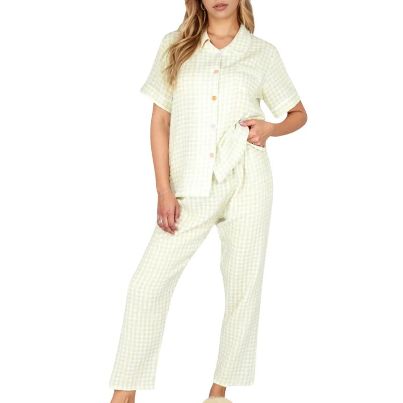 Anna-Kaci Lounge Women's Gingham Print Two-Piece Pajama Set with Short Sleeve Button Top and Relaxed Fit Pants sold by Anna-Kaci