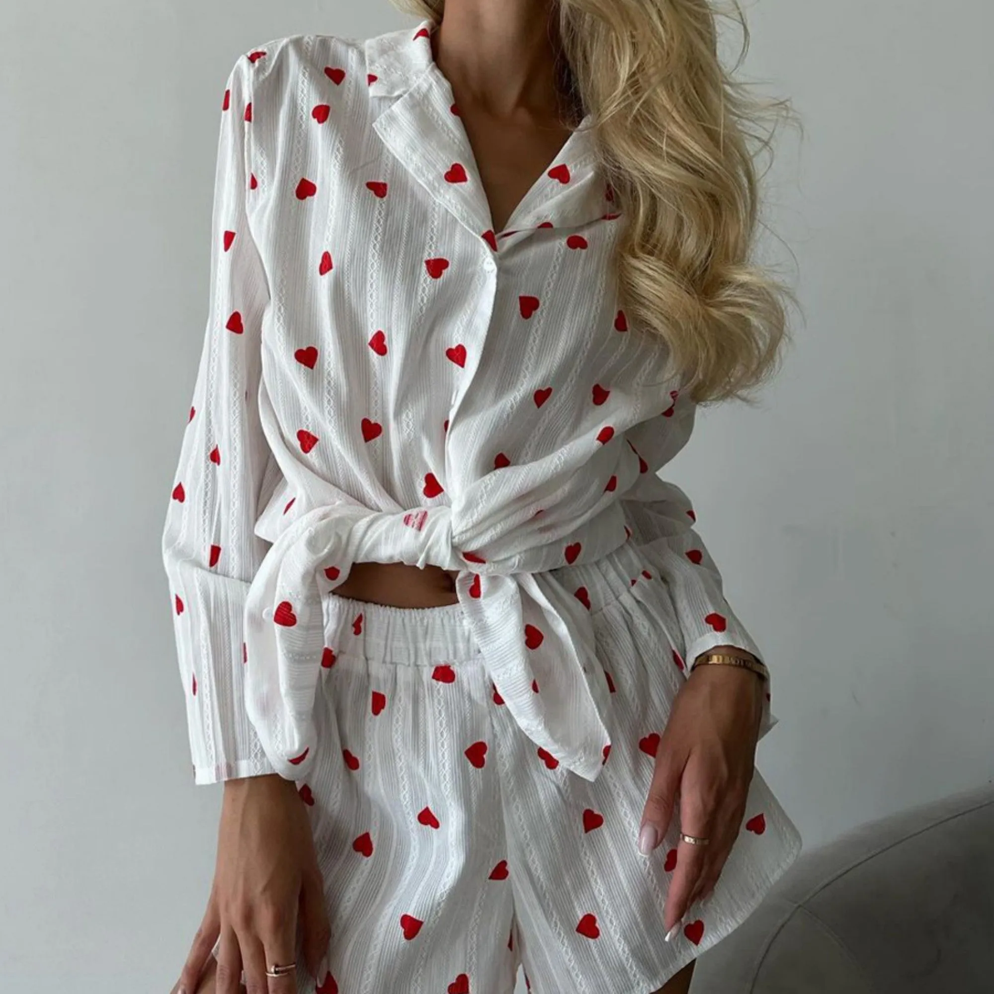 Anna-Kaci Lounge Women's White Long Sleeve Heart Print Tie Front Top and Matching Shorts Loungewear Set sold by Anna-Kaci product image thumbnail 2