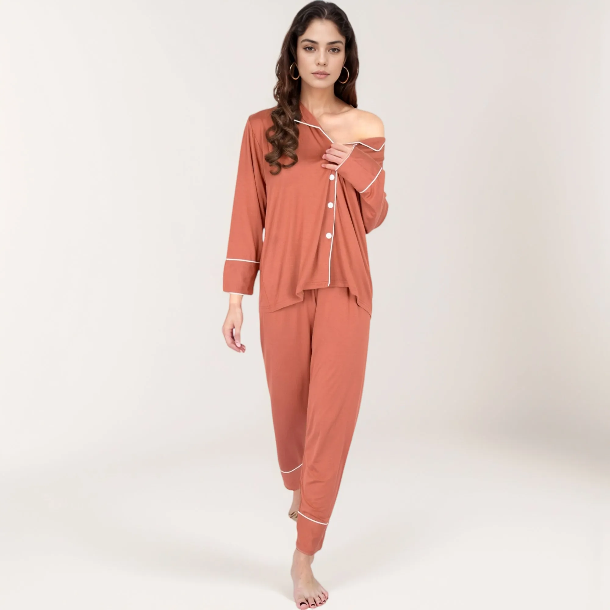 Anna-Kaci Lounge Women's Long Sleeve Button Front Pajama Set with Contrast Piping Trim sold by Anna-Kaci product image thumbnail 4