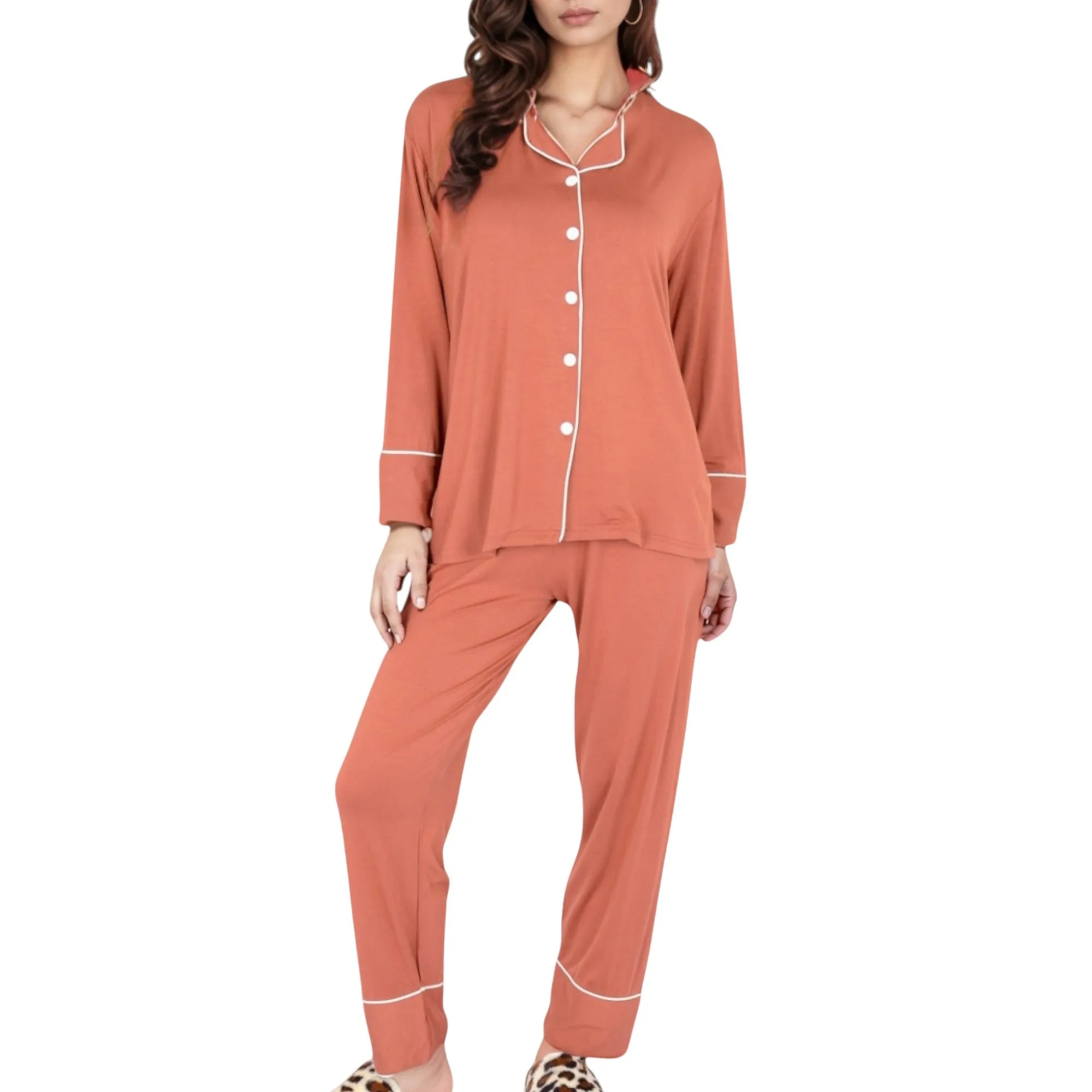 Anna-Kaci Lounge Women's Long Sleeve Button Front Pajama Set with Contrast Piping Trim sold by Anna-Kaci