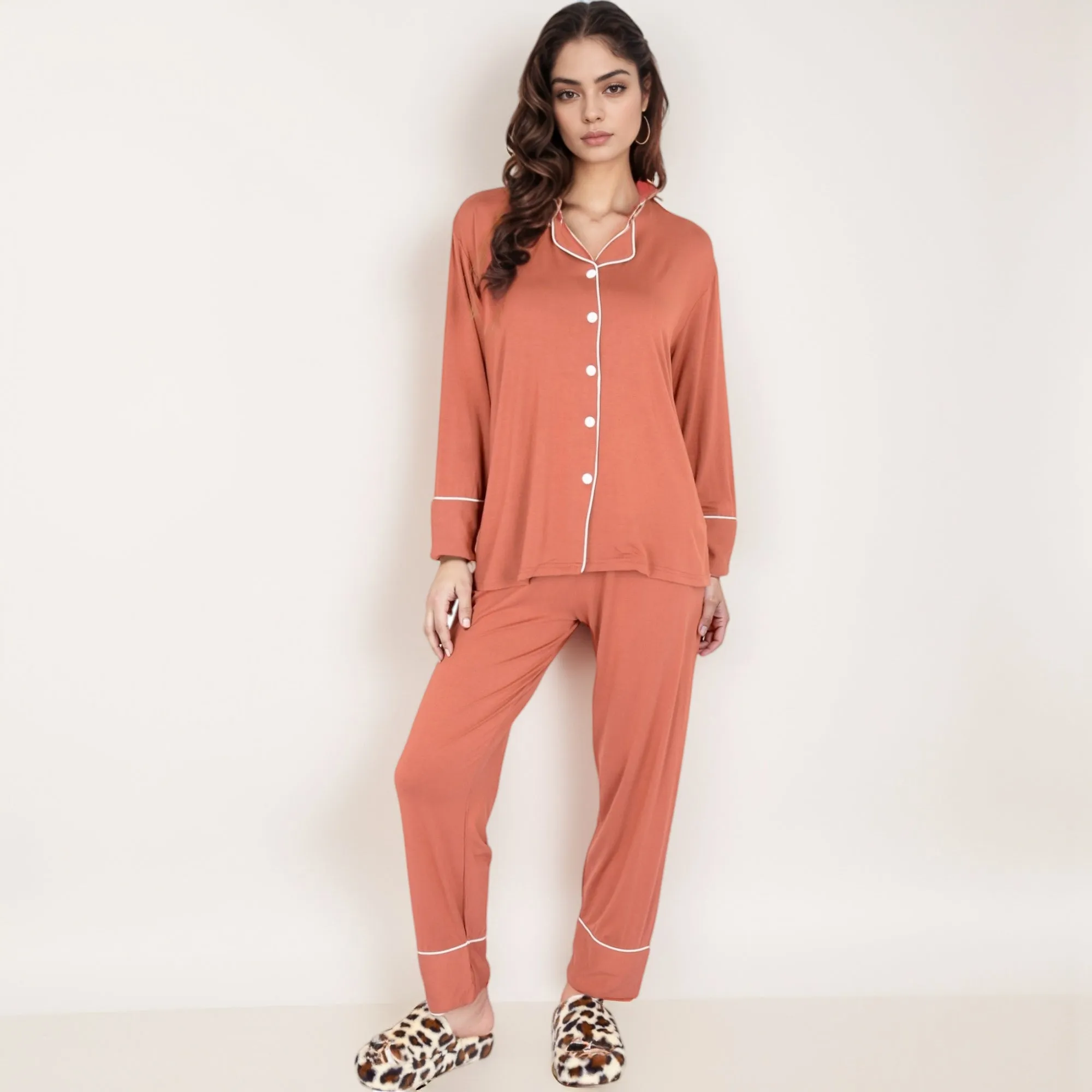 Anna-Kaci Lounge Women's Long Sleeve Button Front Pajama Set with Contrast Piping Trim sold by Anna-Kaci product image thumbnail 2