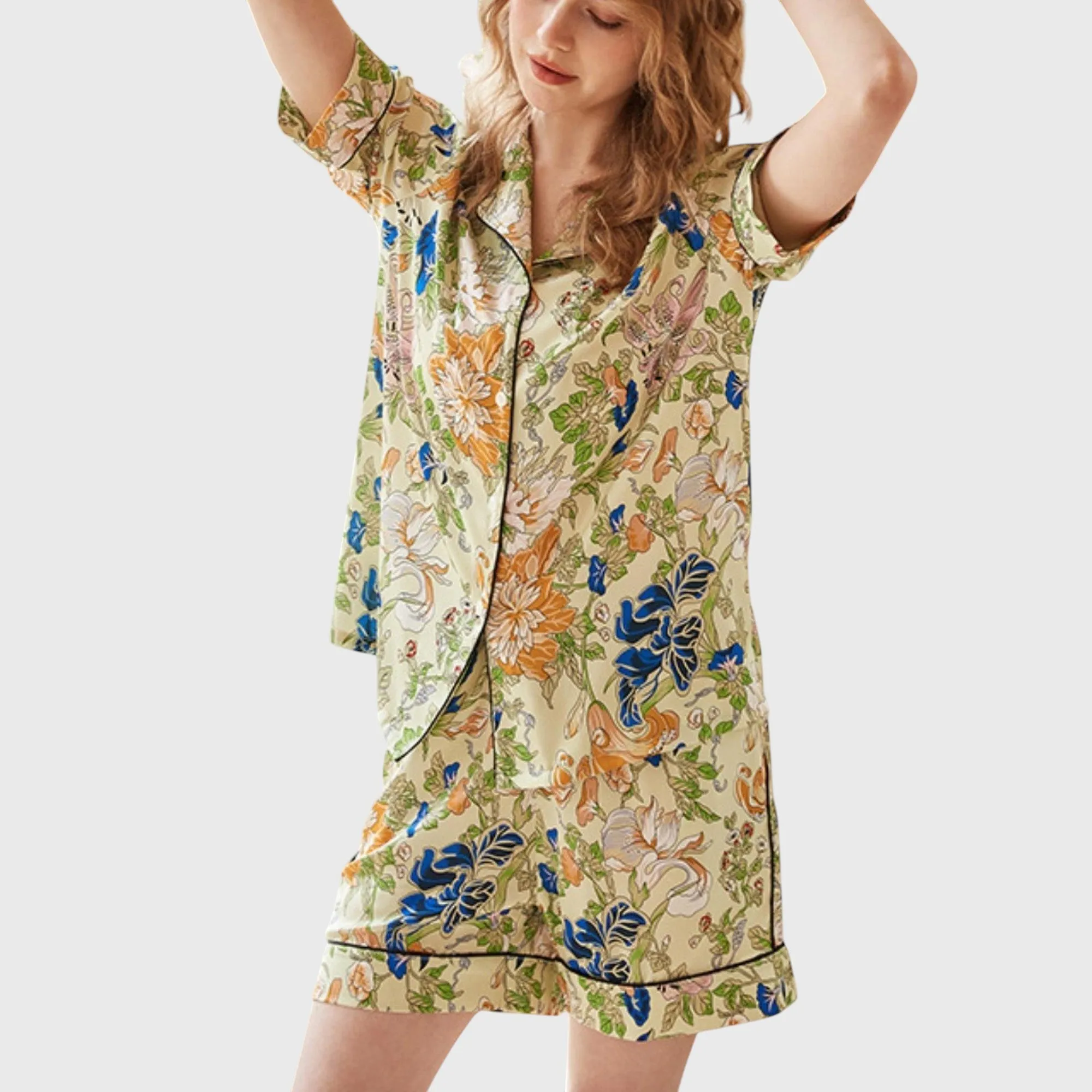 Anna-Kaci Lounge Women's Short Sleeve Button Front Satin Pajama Set with Floral Print Design sold by Anna-Kaci product image thumbnail 3