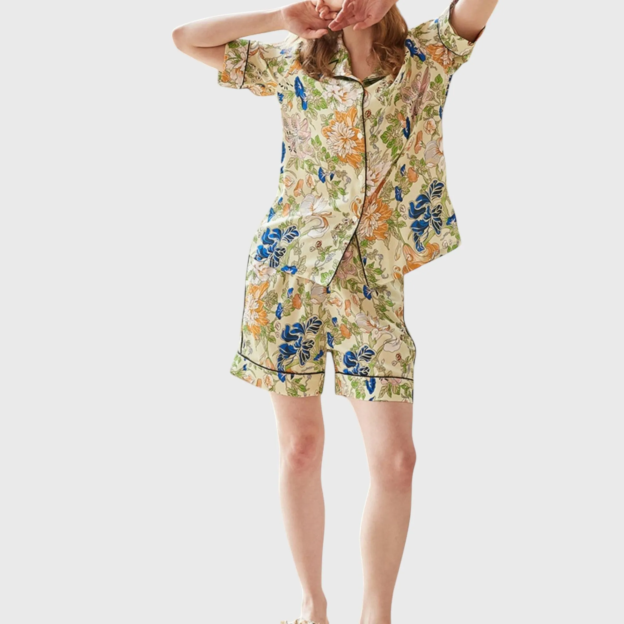 Anna-Kaci Lounge Women's Short Sleeve Button Front Satin Pajama Set with Floral Print Design sold by Anna-Kaci product image thumbnail 4