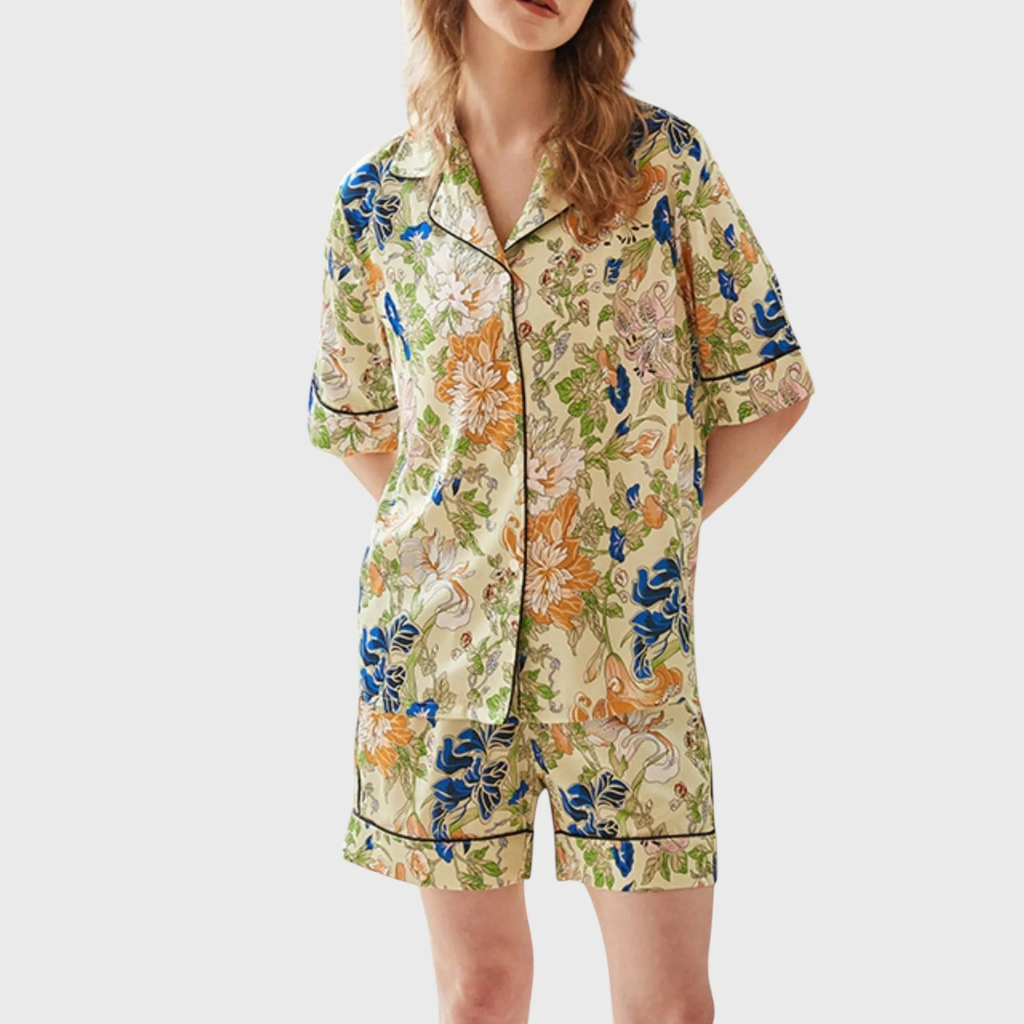 Anna-Kaci Lounge Women's Short Sleeve Button Front Satin Pajama Set with Floral Print Design sold by Anna-Kaci product image thumbnail 5