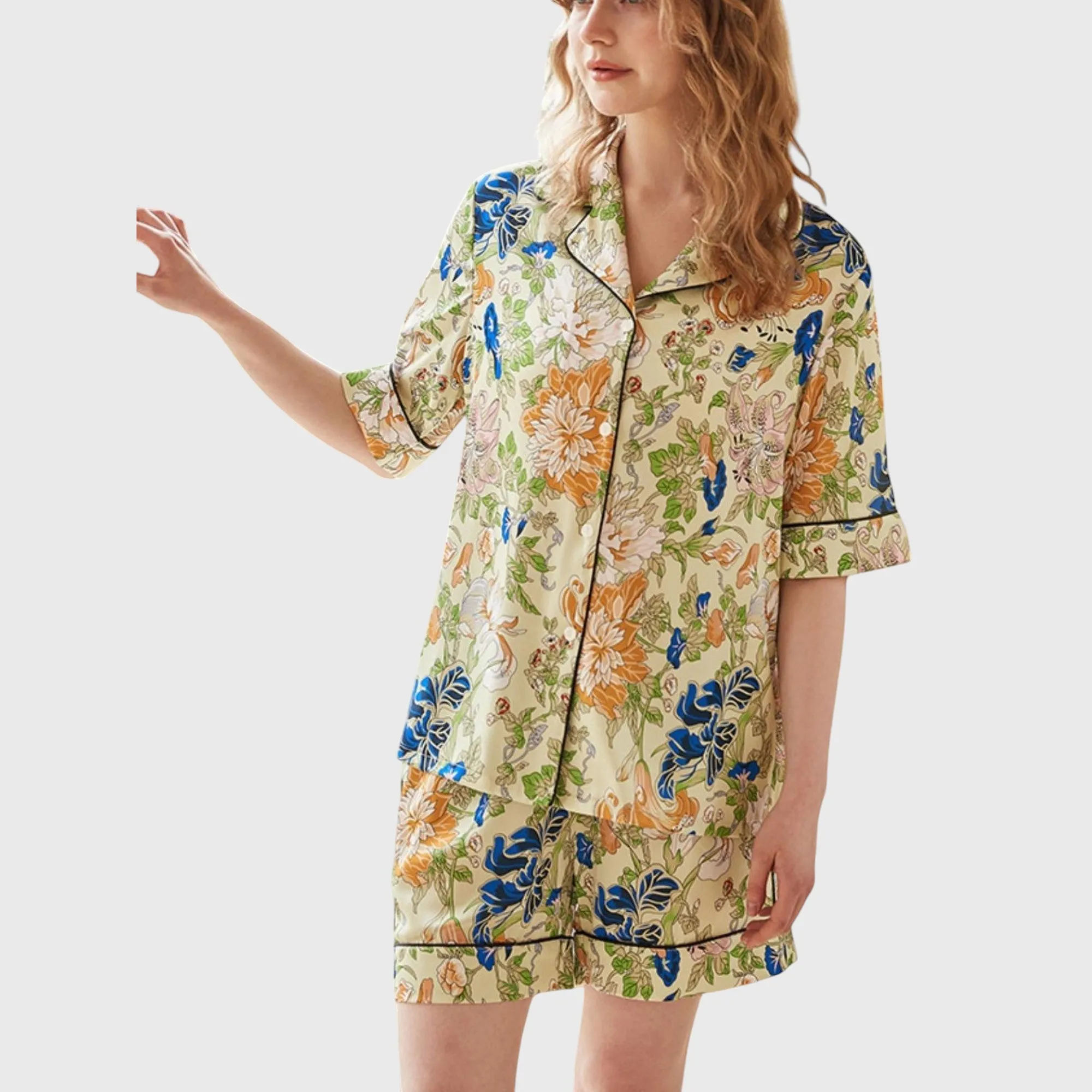 Anna-Kaci Lounge Women's Short Sleeve Button Front Satin Pajama Set with Floral Print Design sold by Anna-Kaci product image thumbnail 2