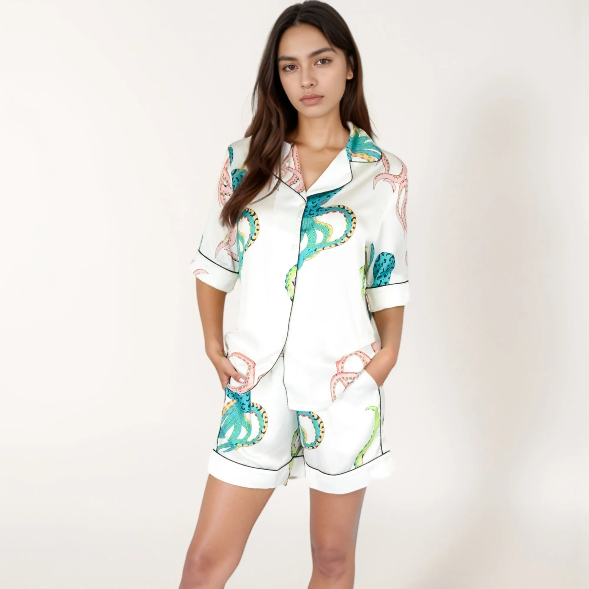 Anna-Kaci Lounge Women's Short Sleeve Button Front Satin Pajama Set with Ocean Print Design sold by Anna-Kaci product image thumbnail 2