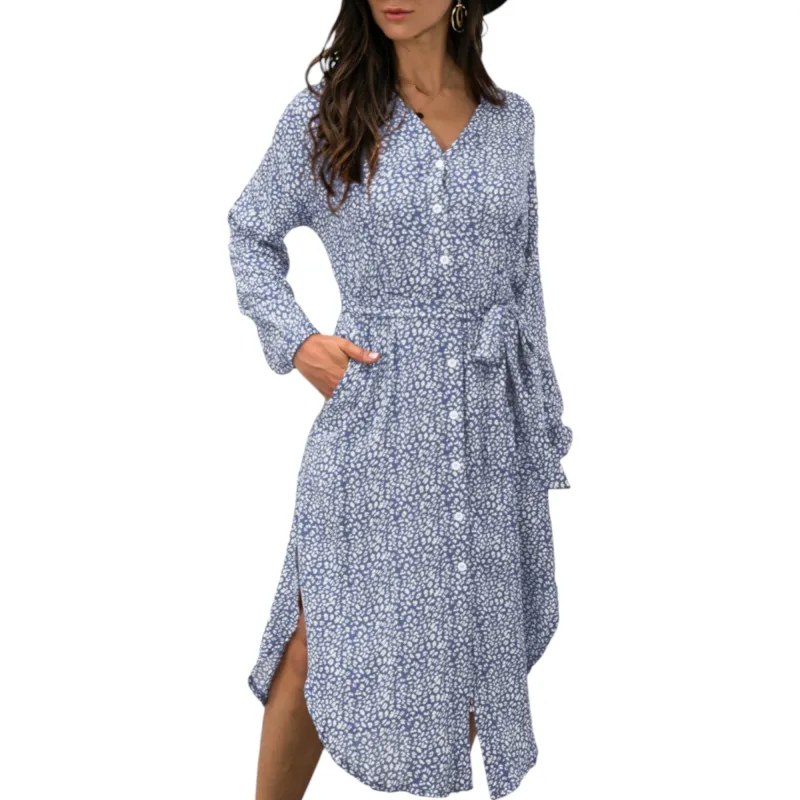 Anna-Kaci Women's Long Sleeve Button Front Midi Dress with Waist Tie and Side Slit sold by Anna-Kaci