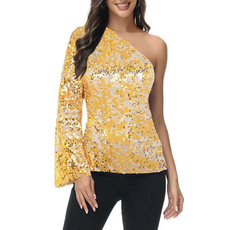 Anna-Kaci Women's One-Shoulder Sequin Top-Long Sleeve Party Blouse sold by Anna-Kaci