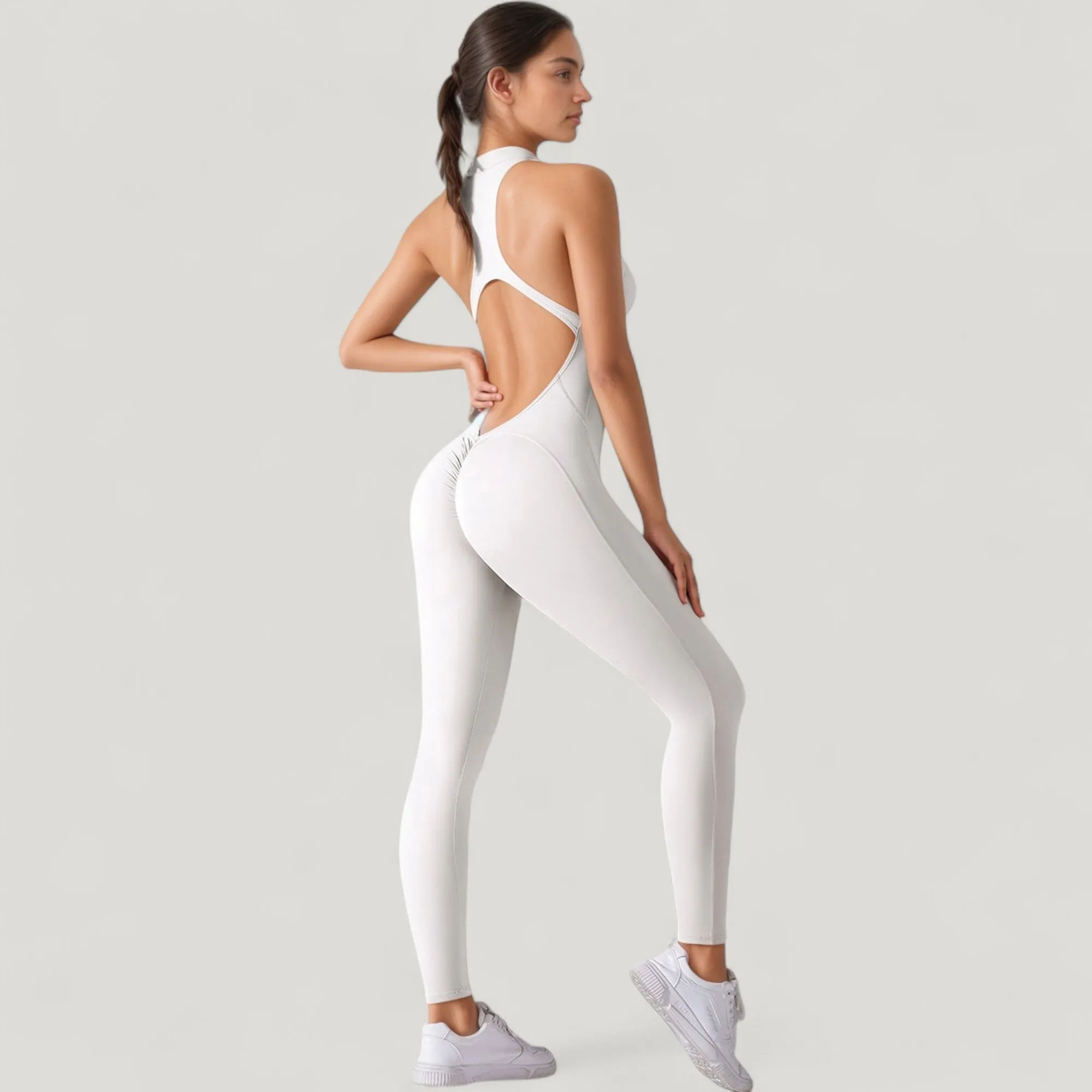 Women's High Neck Sleeveless Activewear Jumpsuit with Back Cutout and Front Zip Closure sold by Anna-Kaci product image thumbnail 5