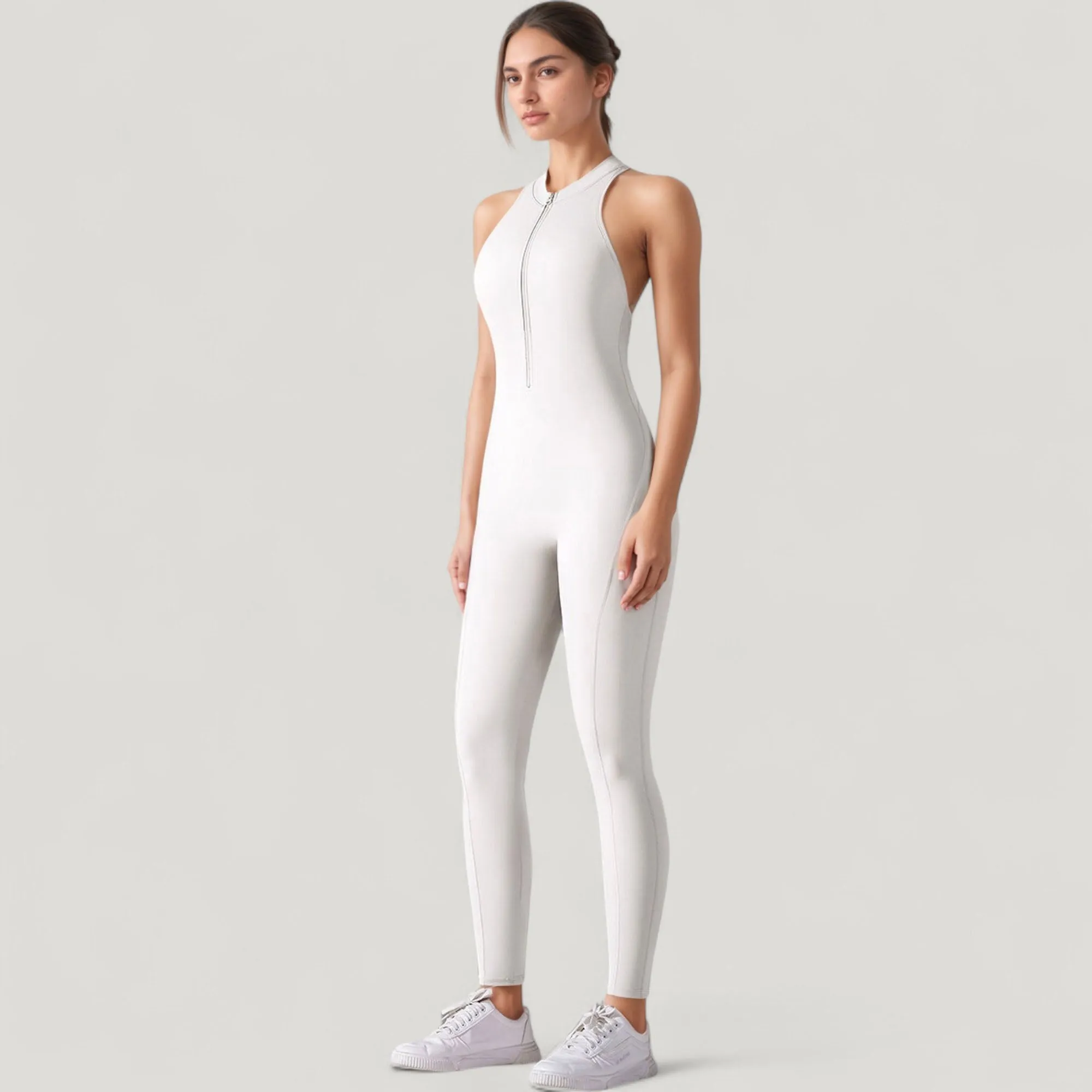 Women's High Neck Sleeveless Activewear Jumpsuit with Back Cutout and Front Zip Closure sold by Anna-Kaci product image thumbnail 2