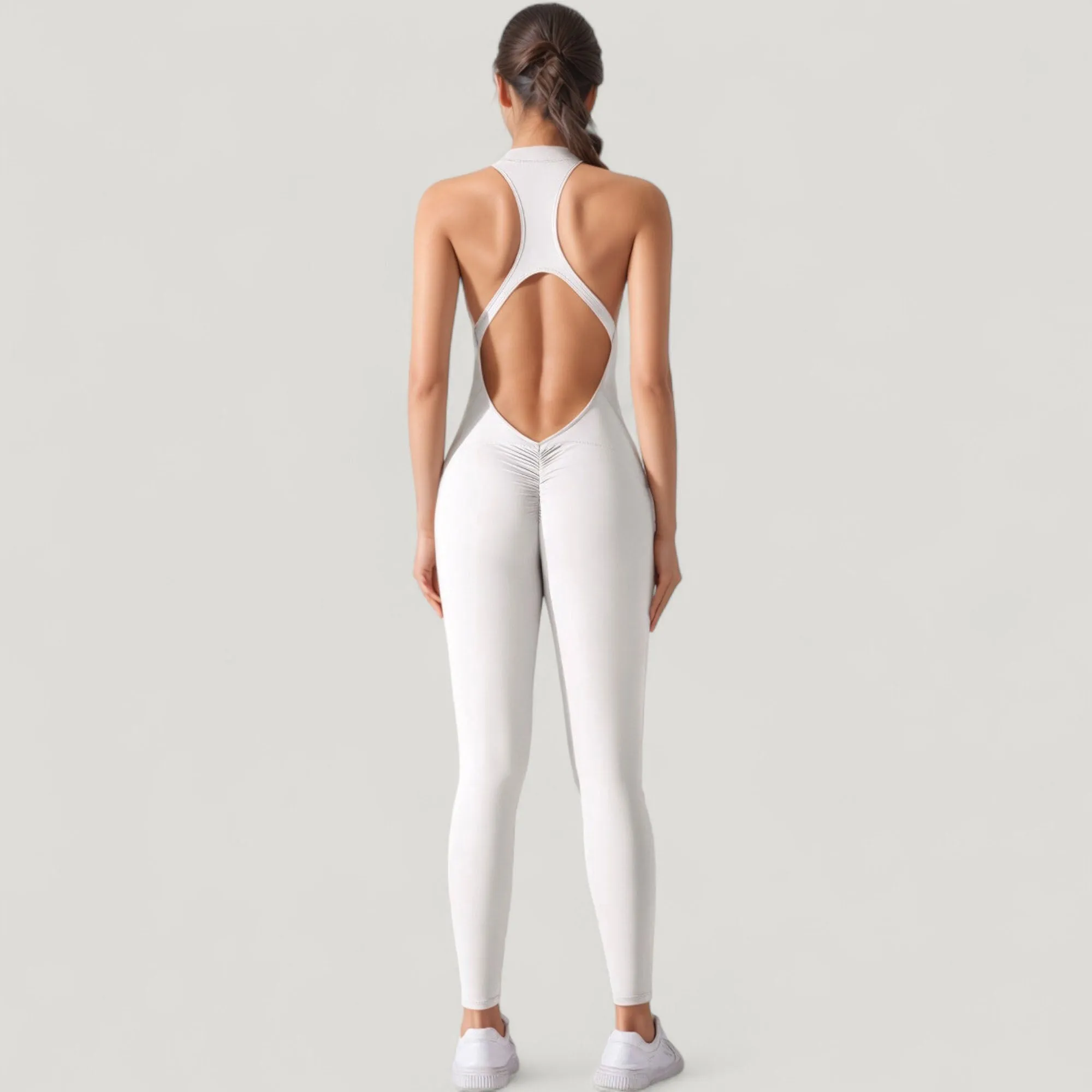 Women's High Neck Sleeveless Activewear Jumpsuit with Back Cutout and Front Zip Closure sold by Anna-Kaci product image thumbnail 4