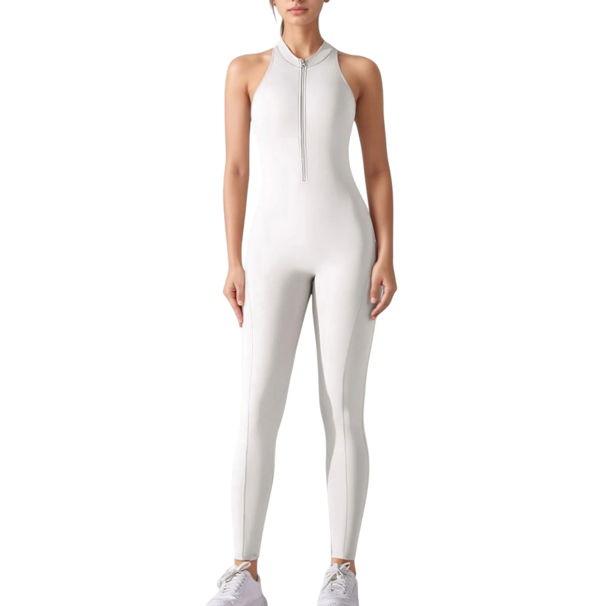Women's High Neck Sleeveless Activewear Jumpsuit with Back Cutout and Front Zip Closure sold by Anna-Kaci