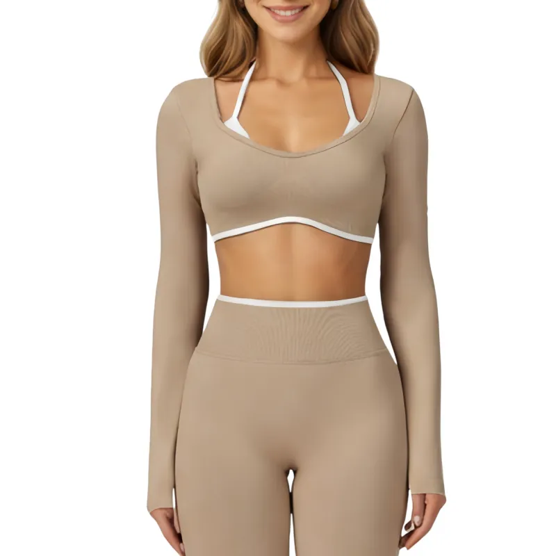 Anna-Kaci Active Women's Long Sleeve Crop Top with Contrast Trim and Scoop Neckline sold by Anna-Kaci