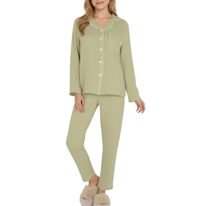 Anna-Kaci Lounge Women's 2-Piece Set Long Sleeve Button Front Pajama Top with Lace Trim Collar and Relaxed Fit Pants sold by Anna-Kaci
