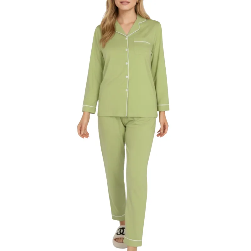 Anna-Kaci Lounge Women's 2-Piece Set Long Sleeve Button Front Top and Matching Relaxed Fit Pants Pajama Set with Contrast Piping sold by Anna-Kaci