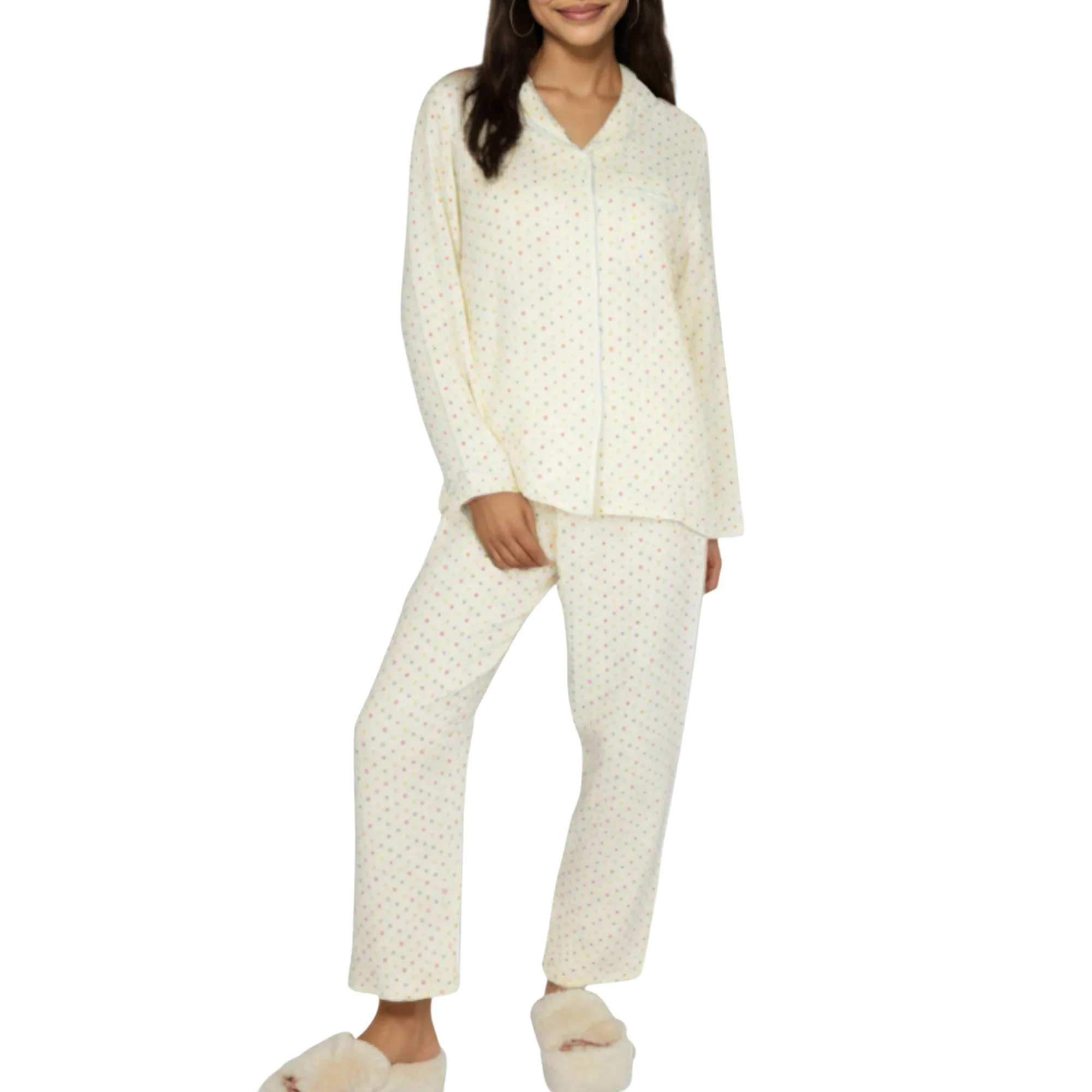 Anna-Kaci Lounge Women's 2-Piece Set Long Sleeve Button Front Top and Relaxed Fit Pants Pajama Set with Polka Dot Print sold by Anna-Kaci