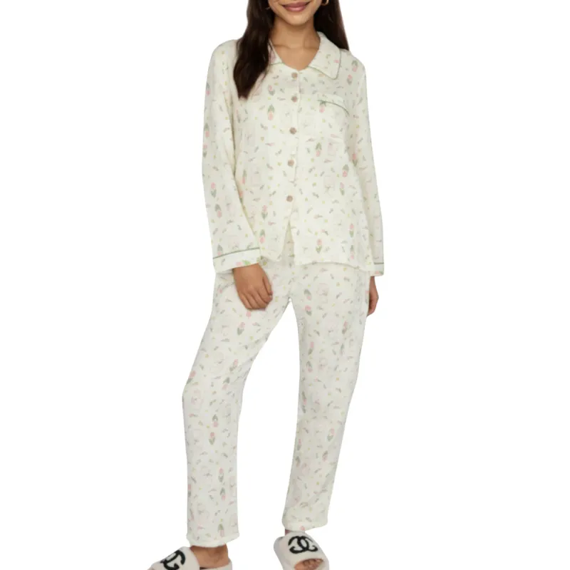 Anna-Kaci Lounge Women's 2-Piece Set Long Sleeve Button Front Top and Relaxed Fit Pants Pajama Set with Tulip Print sold by Anna-Kaci