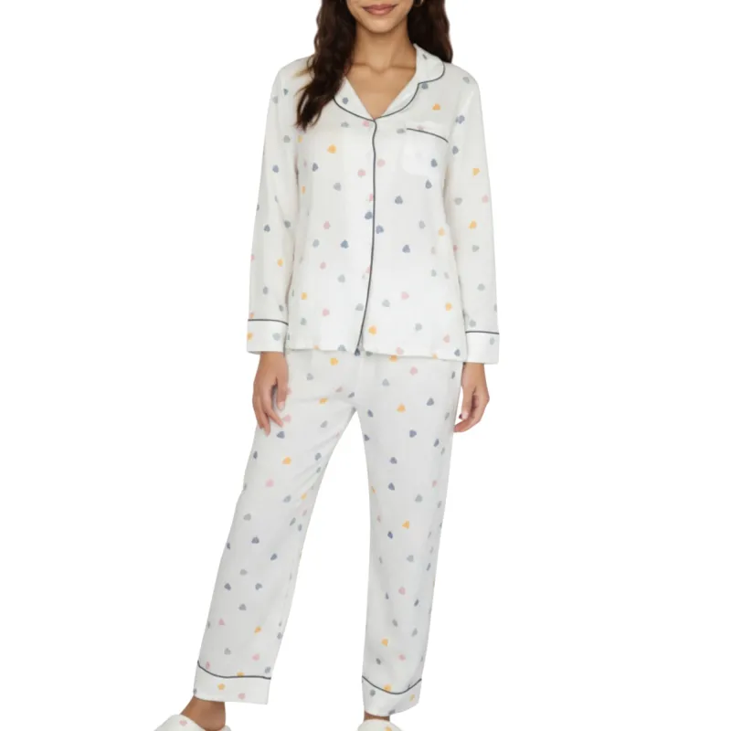 Anna-Kaci Lounge Women's 2-Piece Set Long Sleeve Button Front Top and Relaxed Fit Pants Pajama Set with Heart Print sold by Anna-Kaci