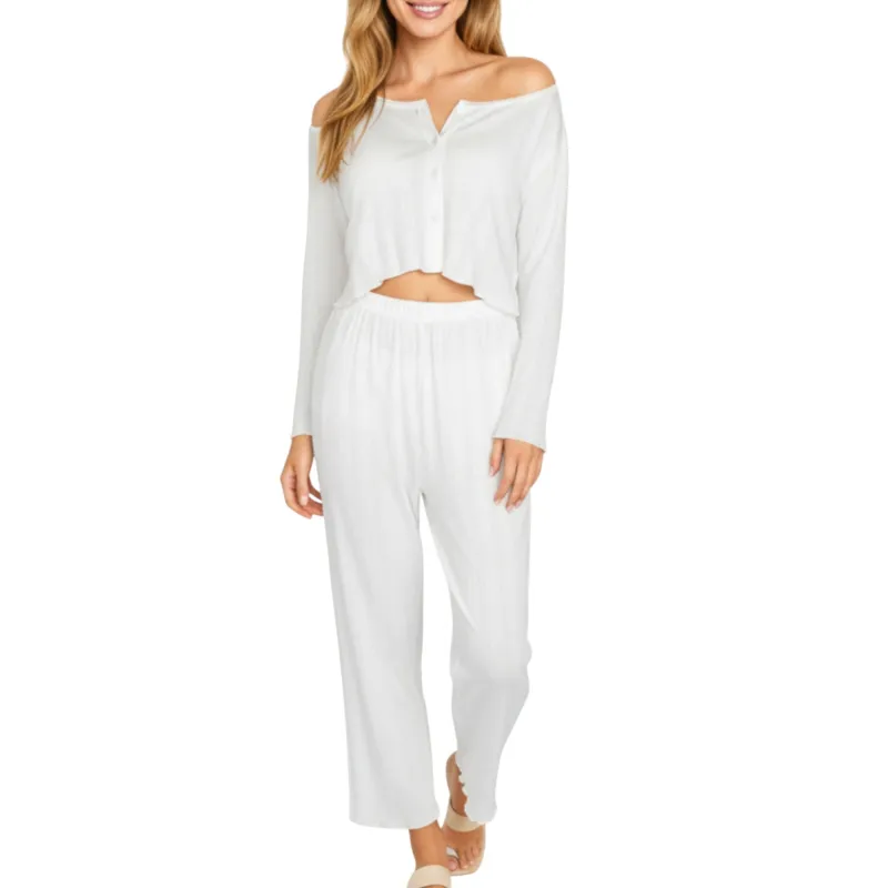 Anna-Kaci Lounge Women's 2-Piece Set Long Sleeve Button Front Top with Built-In Chest Pads and Relaxed Fit Pants Pajama Set in Soft Knit Fabric sold by Anna-Kaci